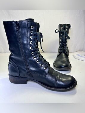 ID Browns Black Leather Lace-Up Zip Combat Boots Made in Italy Size 37 US 6.5 -7